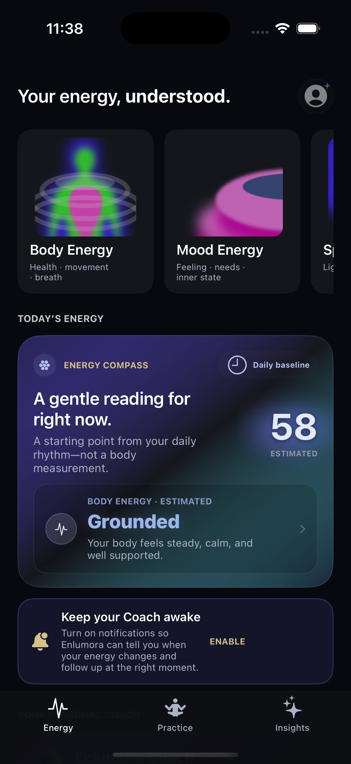 Current Enlumora iPhone home screen showing Body Energy, Mood Energy, and the energy compass with illustrative data