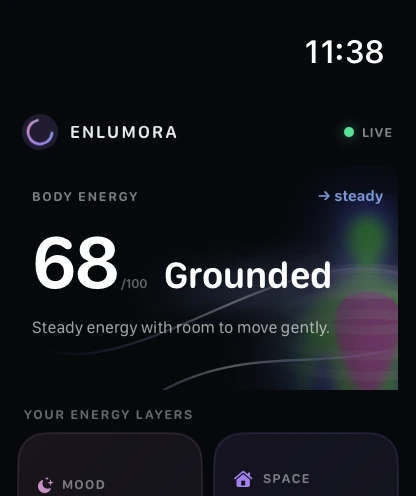 Enlumora Watch showing Grounded body energy with illustrative data